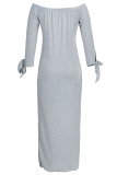 Light Gray Euramerican Dew Shoulder Letters Printed Ankle Length Dress