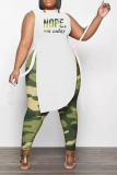 Camouflage Casual Print Slit O Neck Plus Size Two Pieces