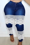 Medium Blue Fashion Casual Patchwork Lace Plus Size Jeans