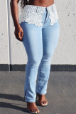 Light Blue Fashion Casual Patchwork Lace Slit Plus Size Jeans