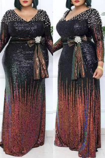 Black Fashion Sexy Patchwork Sequins Beading With Belt V Neck Long Sleeve Plus Size Dresses