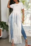 White Casual Street Solid Tassel Split Joint O Neck T-Shirts