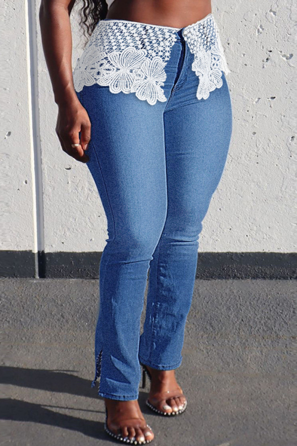 Medium Blue Fashion Casual Patchwork Lace Slit Plus Size Jeans