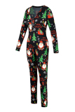 Blue Sexy Party Patchwork Print Santa Claus V Neck Skinny Jumpsuits