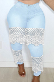 Medium Blue Fashion Casual Patchwork Lace Plus Size Jeans