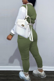 Army Green Fashion Casual Patchwork Cardigan Pants Long Sleeve Two Pieces