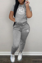 Grey Fashion Sportswear Letter Patchwork Hooded Collar Short Sleeve Two Pieces