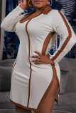 White Fashion Casual Patchwork Slit Turndown Collar Long Sleeve Dresses