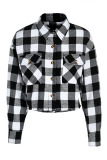 Black And White Casual Street Plaid Print Patchwork Buckle Turndown Collar Tops