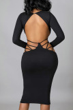 Black Sexy Solid Hollowed Out Split Joint Backless V Neck One Step Skirt Dresses