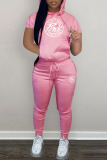 Pink Fashion Sportswear Letter Patchwork Hooded Collar Short Sleeve Two Pieces