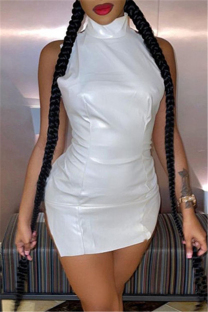 White Fashion Sexy Solid Backless Slit Turtleneck Sleeveless Dress