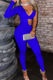 Peacock Blue Sexy Solid Hollowed Out Sequins Patchwork Asymmetrical Half A Turtleneck Skinny Jumpsuits