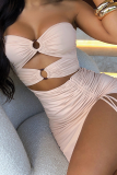 Coffee Sexy Solid Hollowed Out Strapless Irregular Dress Dresses