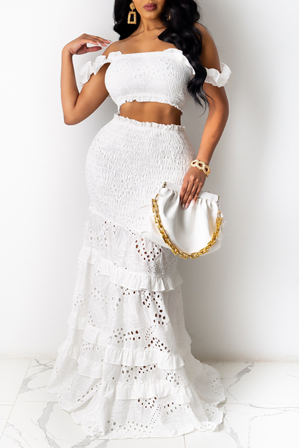 White Sexy Solid Hollowed Out Off the Shoulder Short Sleeve Two Pieces