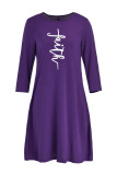 Purple Fashion Casual Print Basic O Neck Long Sleeve Dresses