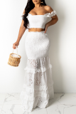 White Sexy Solid Hollowed Out Off the Shoulder Short Sleeve Two Pieces