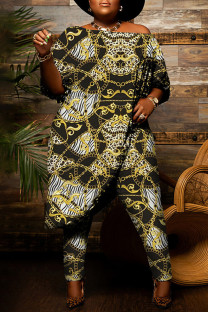 Yellow Fashion Casual Print Asymmetrical Off the Shoulder Plus Size Two Pieces
