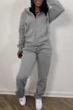 Grey Fashion Casual Solid Zipper Hooded Collar Long Sleeve Two Pieces