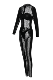 Black Sexy Patchwork See-through Mesh Half A Turtleneck Skinny Jumpsuits