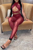 Burgundy Sexy Solid Bandage Hollowed Out Split Joint See-through Asymmetrical Sleeveless Two Pieces