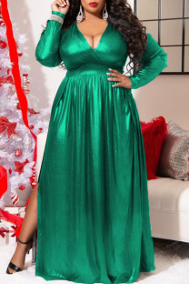 Green Fashion Casual Solid Slit V Neck Long Sleeve Plus Size Dresses