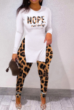 White Black Casual Print Slit Letter O Neck Long Sleeve Two Pieces