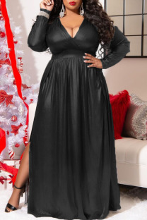 Black Fashion Casual Solid Slit V Neck Long Sleeve Plus Size Dresses