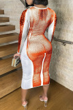Tangerine Red Sexy Print Split Joint O Neck One Step Skirt Dresses