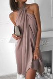 Khaki Fashion Elegant Solid Patchwork Halter Irregular Dress Dresses