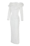 White Elegant Solid Patchwork Feathers Beading Off the Shoulder Evening Dress Dresses