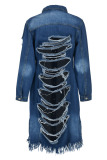 Dark Blue Fashion Casual Adult Solid Ripped Turndown Collar Long Sleeve Straight Denim