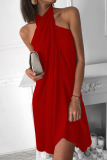 Red Fashion Elegant Solid Patchwork Halter Irregular Dress Dresses