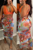 Orange Sexy Casual Print Vests V Neck Sleeveless Two Pieces