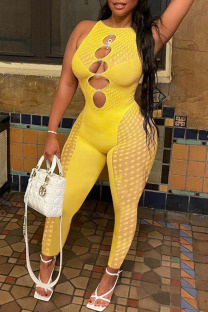 Yellow Sexy Solid Hollowed Out Mesh O Neck Skinny Jumpsuits