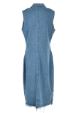 Blue Casual Solid Patchwork Buckle Turndown Collar Irregular Dress Dresses
