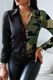 Camouflage Fashion Casual Print Patchwork Turndown Collar Tops