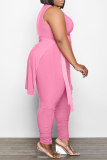 Pink Fashion Casual Solid Bandage O Neck Plus Size Two Pieces