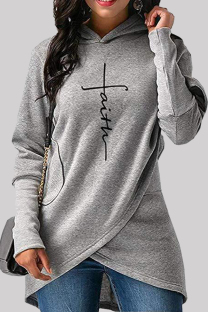 Grey Fashion Casual Print Split Joint Hooded Collar Tops