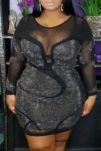 Black Fashion Sexy Patchwork Hot Drilling See-through O Neck Long Sleeve Plus Size Dresses