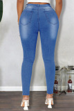 Light Blue Street Solid Ripped Patchwork High Waist Regular Denim Jeans