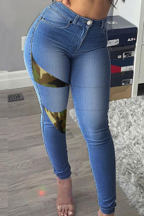 Medium Blue Fashion Casual Butterfly Print Split Joint High Waist Skinny Denim Jeans