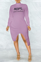 Purple Sexy Print Split Joint Half A Turtleneck Irregular Dress Dresses