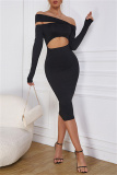 Black Fashion Sexy Solid Hollowed Out Off the Shoulder Long Sleeve Dresses