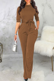 Burgundy Casual Solid Patchwork With Belt Half A Turtleneck Straight Jumpsuits
