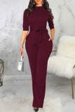 Burgundy Casual Solid Patchwork With Belt Half A Turtleneck Straight Jumpsuits