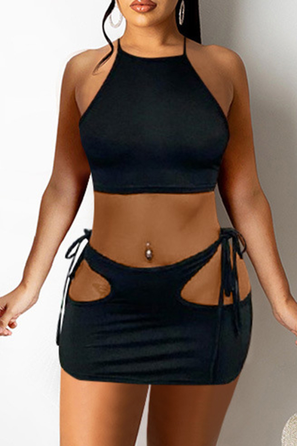 Black Sexy Solid Hollowed Out Backless Strap Design Halter Sleeveless Two Pieces