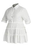 White Casual Solid Patchwork Buckle Fold Turndown Collar A Line Plus Size Dresses