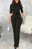 Black Casual Solid Patchwork With Belt Half A Turtleneck Straight Jumpsuits