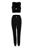 Black Fashion Sexy Solid Cardigan Pants V Neck Sleeveless Two Pieces